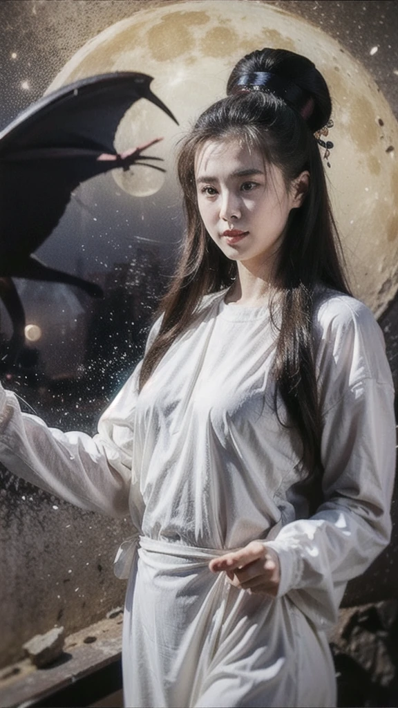 A Chinese woman in an ancient, thin, white dress stands in the middle of an ancient Chinese city. Her whole body is visible from the front, bathed in the cool light of a full moon. Bat-like demons fly in circles around the moon.