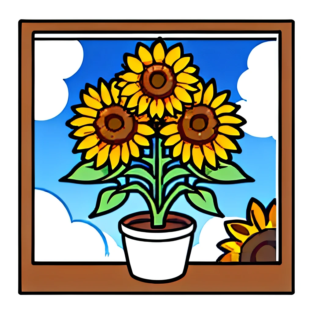 One sunflower. Illustration of sunflowers. A picture book sunflower. A picture like a child drew. Plant pot. No people. White background.