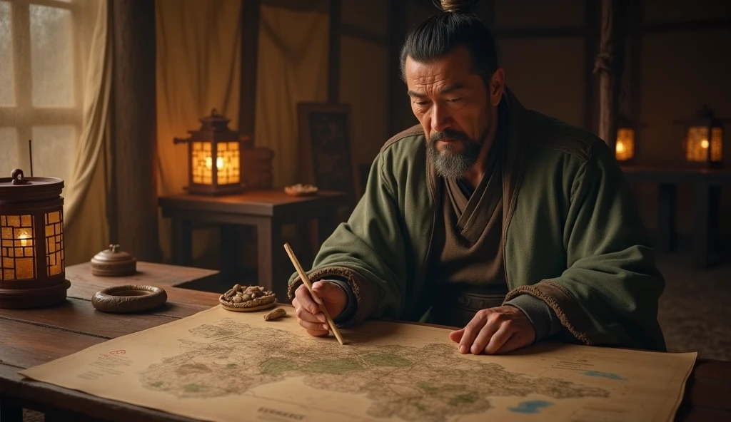 A screenshot from a movie clip，Shot with ultra-clear camera，Describe the Warring States Period，A military advisor from the state of Qi sat in his tent.，There is a map in front of him，He holds a bamboo slip in his left hand，Right hand pointing at the map