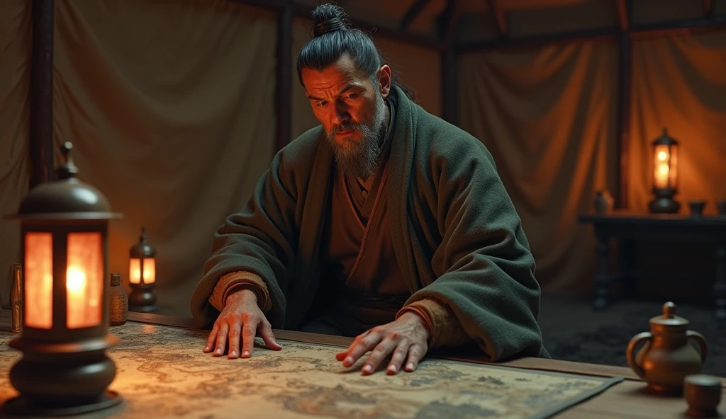 A screenshot from a movie clip，Shot with ultra-clear camera，Describe the Warring States Period，A military advisor from the state of Qi sat in his tent.，There is a map in front of him，He holds a bamboo slip in his left hand，Right hand pointing at the map
