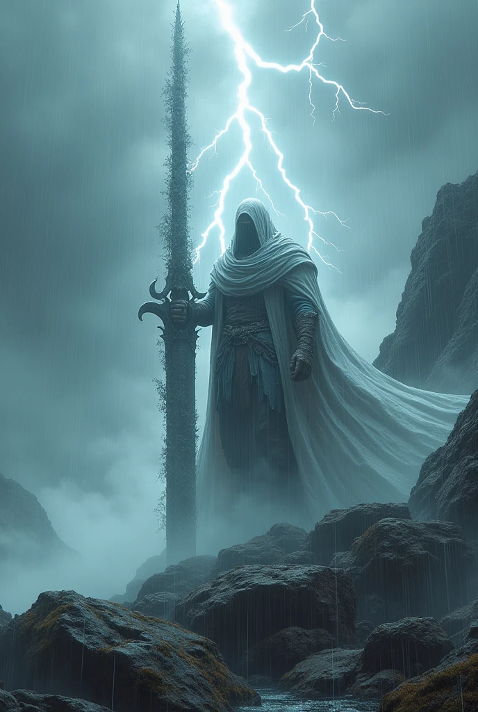 best quality, very good, 16K, ridiculous, Very detailed, Huge sword,made of mist, Background mountain top,rain,thunders,lightning,Grayish screen((A masterpiece full of fantasy elements))), ((best quality)), ((Intricate details))(8K)