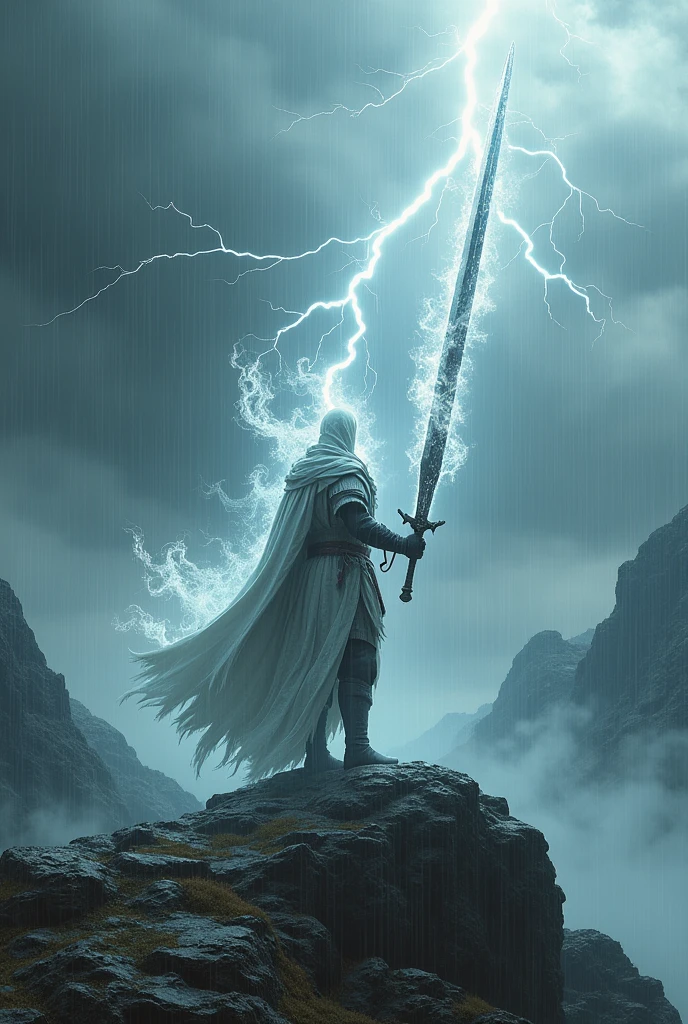 best quality, very good, 16K, ridiculous, Very detailed, Huge sword，made of mist, Background mountain top，rain，thunders，lightning，Grayish screen（（A masterpiece full of fantasy elements）））， （（best quality））， （（Intricate details））（8K）