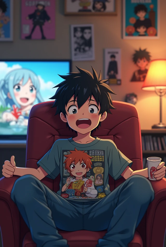 A black-haired boy is sitting on a comfortable chair in his otaku-themed setup. He has a cheerful expression, with a wide smile showing his enjoyment. His black hair is styled in a casual, slightly tousled manner. He's wearing a relaxed outfit, such as a graphic t-shirt featuring anime designs and comfortable jeans.The background of the setup is filled with anime posters, figurines, and manga volumes neatly organized on shelves. The room has a warm, cozy atmosphere with soft lighting, perhaps from a desk lamp or LED strips. On a desk or table in front of him, there's a laptop or a large screen displaying an anime episode. The boy's gaze is fixed on the screen, and he’s holding a snack or drink, enhancing the casual, relaxed vibe of the scene. Laughing open mouth