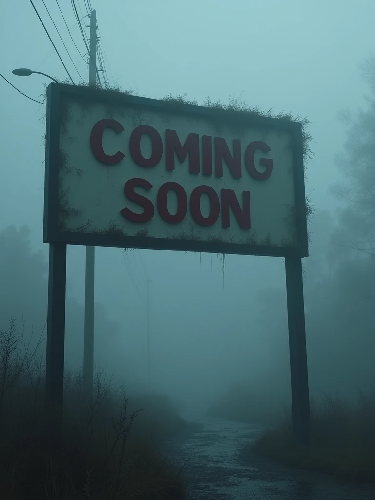Generate an image of a large, intriguing 'coming soon' sign, enveloped in a sense of mystery. The sign stands tall against a backdrop of thick, creeping fog, emphasizing its looming presence. Periodic absence of light and shadow suggest that the environment is filled with suspense and secrecy. Despite the arcane atmosphere, the sign remains clear and welcoming, intriguing passersby with its promise of upcoming surprises.