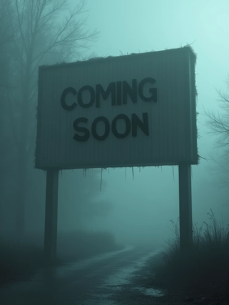 Generate an image of a large, intriguing 'coming soon' sign, enveloped in a sense of mystery. The sign stands tall against a backdrop of thick, creeping fog, emphasizing its looming presence. Periodic absence of light and shadow suggest that the environment is filled with suspense and secrecy. Despite the arcane atmosphere, the sign remains clear and welcoming, intriguing passersby with its promise of upcoming surprises.