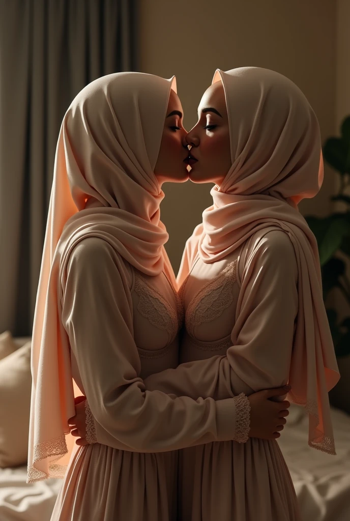 two hijab lesbian girl,lace bra,hugging from behind,kissing,realistic,hd details,camera view