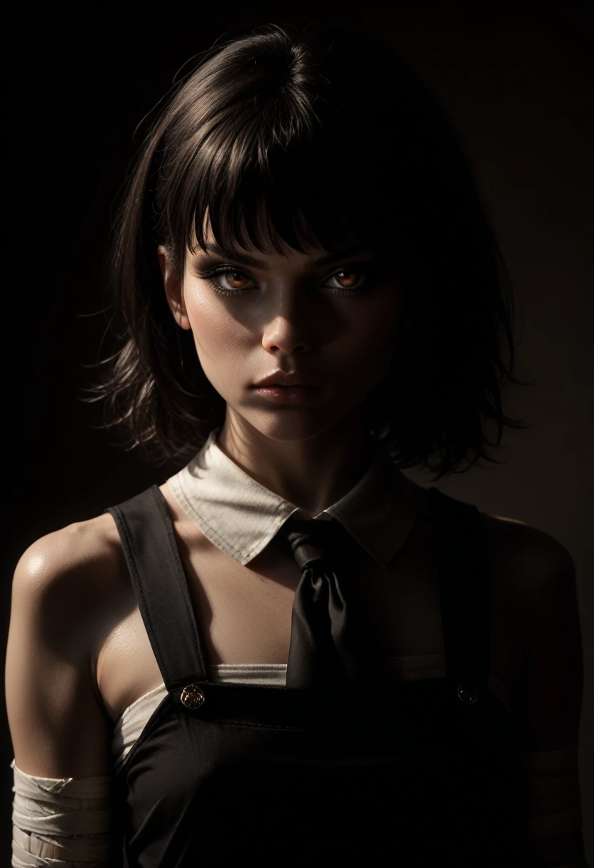 ((masterpiece, Best quality)), (1 girl), (One), (female focus), wear (Man with a chainsaw),(very detailed face, real image, Realistic white skin, realistic body, complex parts), upper body, serious , Brown eyes, I look at the viewer, bandages over the body, black hair, long-sleeved shirt, pinafore dress, Black tie, bandages, bandages,