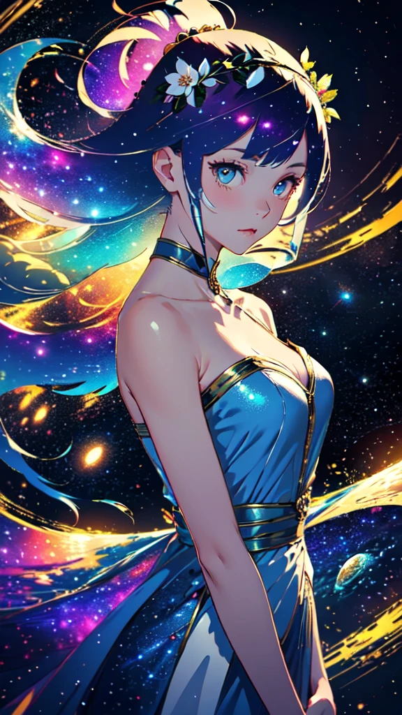 high quality, best quality, masterpiece, detailed portrait of female 1girl, long hair, (floating, space, galaxy, colorful), warm lighting, goddess, galaxy, scenery, multicolored flower crown in hair, {{{best quality}}}, {{ultra-detailed}}, {illustration}, cinematic angle, {detailed light},cinematic lighting, ancient greek dress, celestial,