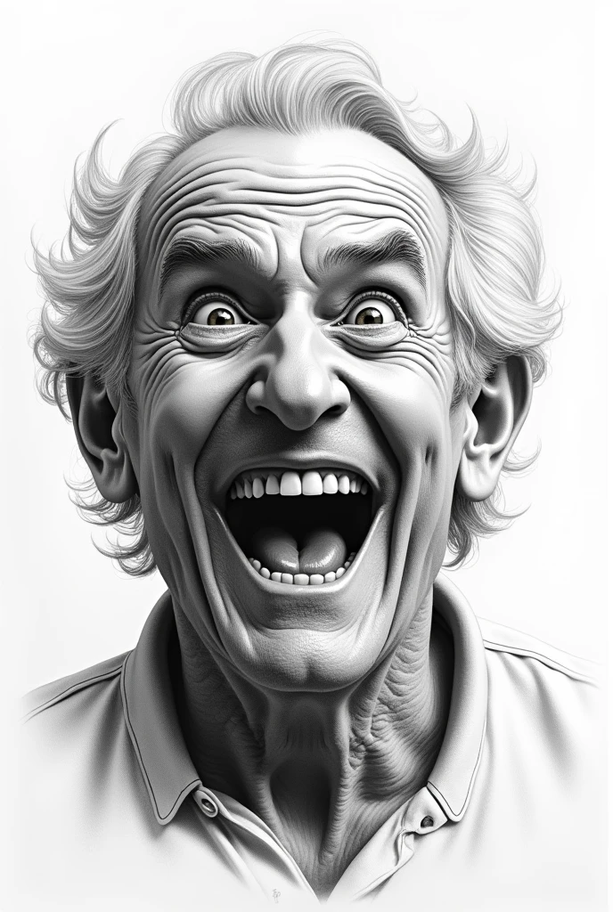 Old drummer excited face reaction closeup. Pencil sketch