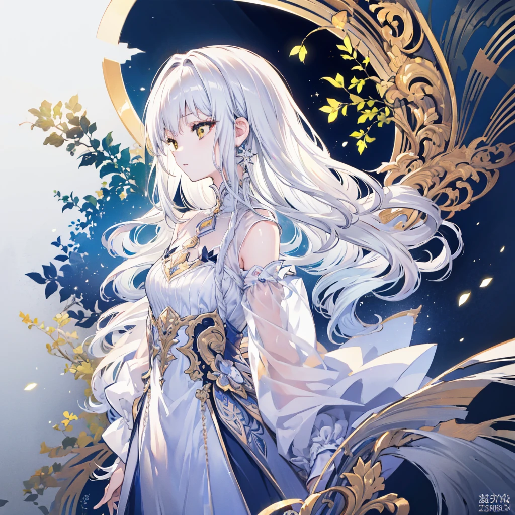 (masterpiece), (best quality, high resolution, Very detailed, illustration), 1 Girl, Solitary, Profile picture close-up, Silver long hair, Yellow eyes, Beautiful and delicate eyes, Selected flowing white hair,Cool colors