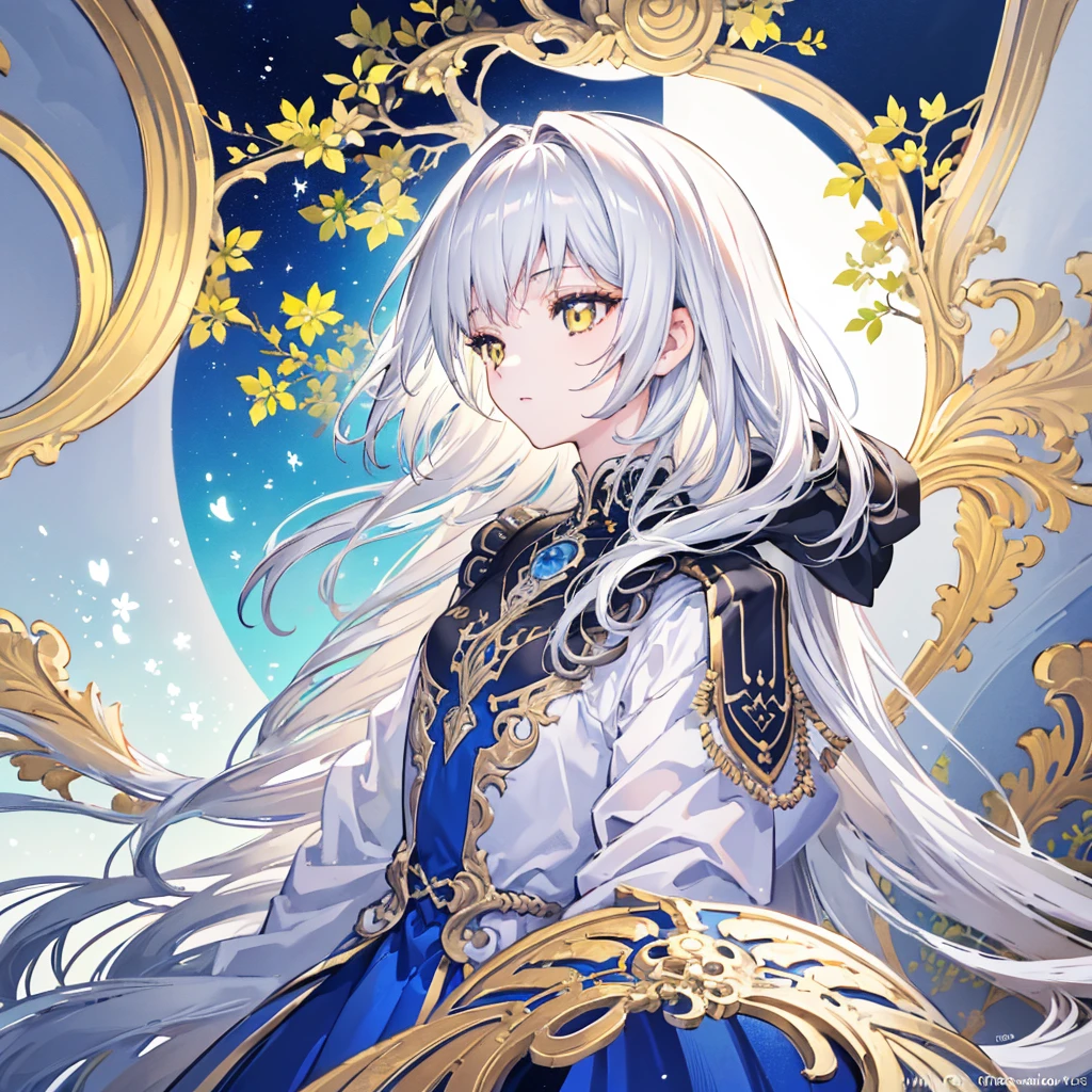 (masterpiece), (best quality, high resolution, Very detailed, illustration), 1 Girl, Solitary, Profile picture close-up, Silver long hair, Yellow eyes, Beautiful and delicate eyes, Selected flowing white hair,Cool colors
