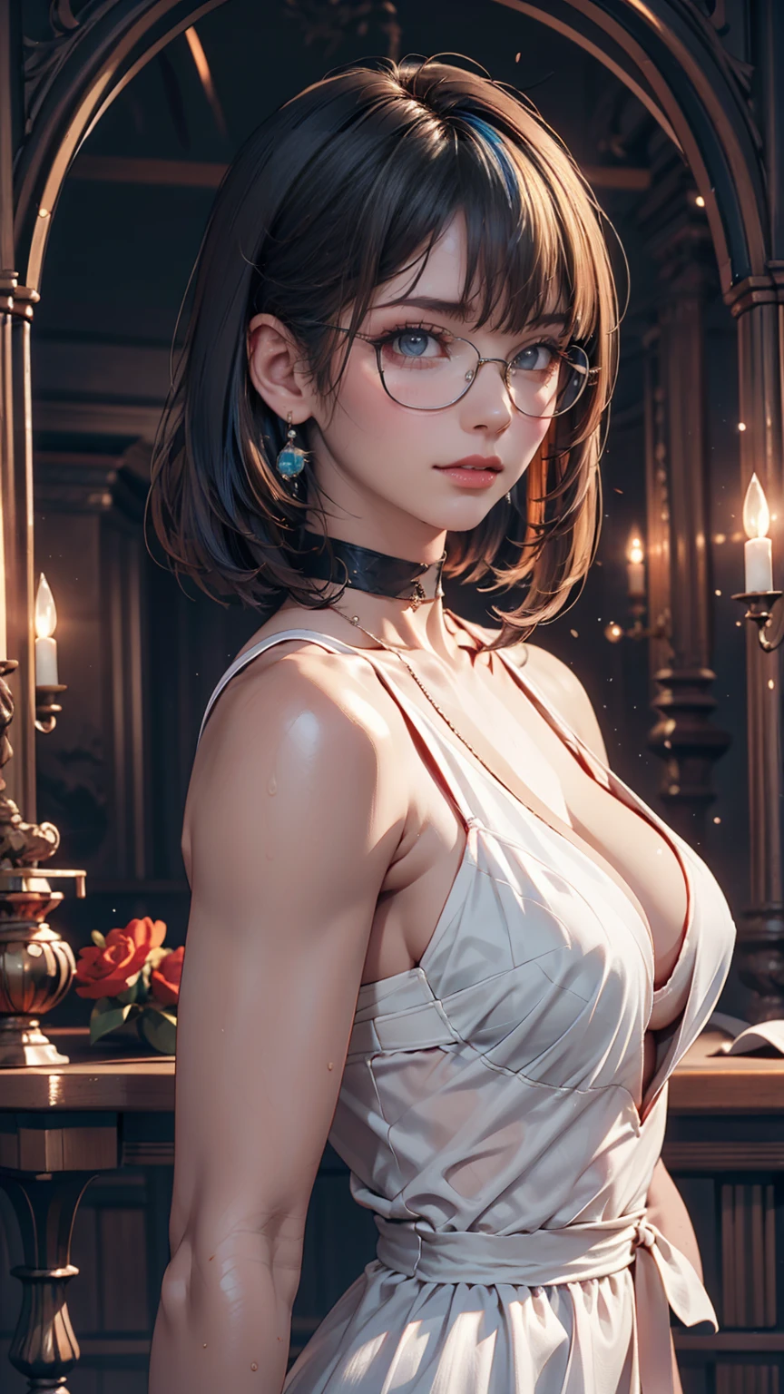 8k wallpaper, masterpiece, Cinema Lighting, Highest quality, figure, Elevation, ((color: 1.1)), ((color inner hair: 1.4)), One person, alone, Long Hair, water, blue eyes, Black glasses, choker, Lips parted, white choker, Liquid Hair, Black Hair, bangs, from ~ side, ~ side, Upper Body, Simple Background, 灰colorの背景, Exposing shoulders, Portraiture, Looking at the audience, White Dress, Hair between the eyes,Luxurious background、Earrings