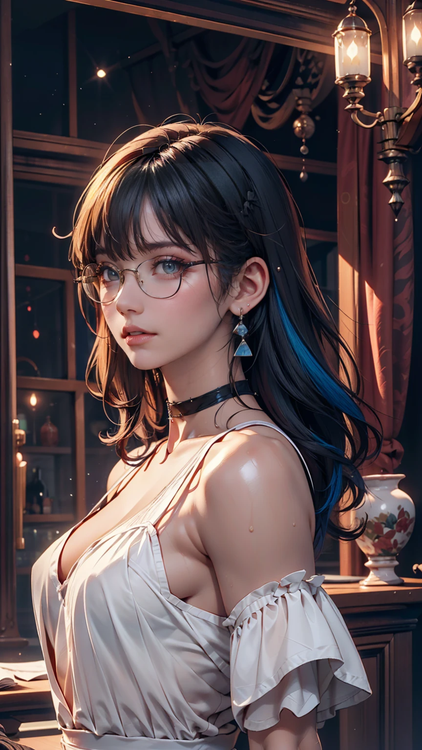 8k wallpaper, masterpiece, Cinema Lighting, Highest quality, figure, Elevation, ((color: 1.1)), ((color inner hair: 1.4)), One person, alone, Long Hair, water, blue eyes, Black glasses, choker, Lips parted, white choker, Liquid Hair, Black Hair, bangs, from ~ side, ~ side, Upper Body, Simple Background, 灰colorの背景, Exposing shoulders, Portraiture, Looking at the audience, White Dress, Hair between the eyes,Luxurious background、Earrings