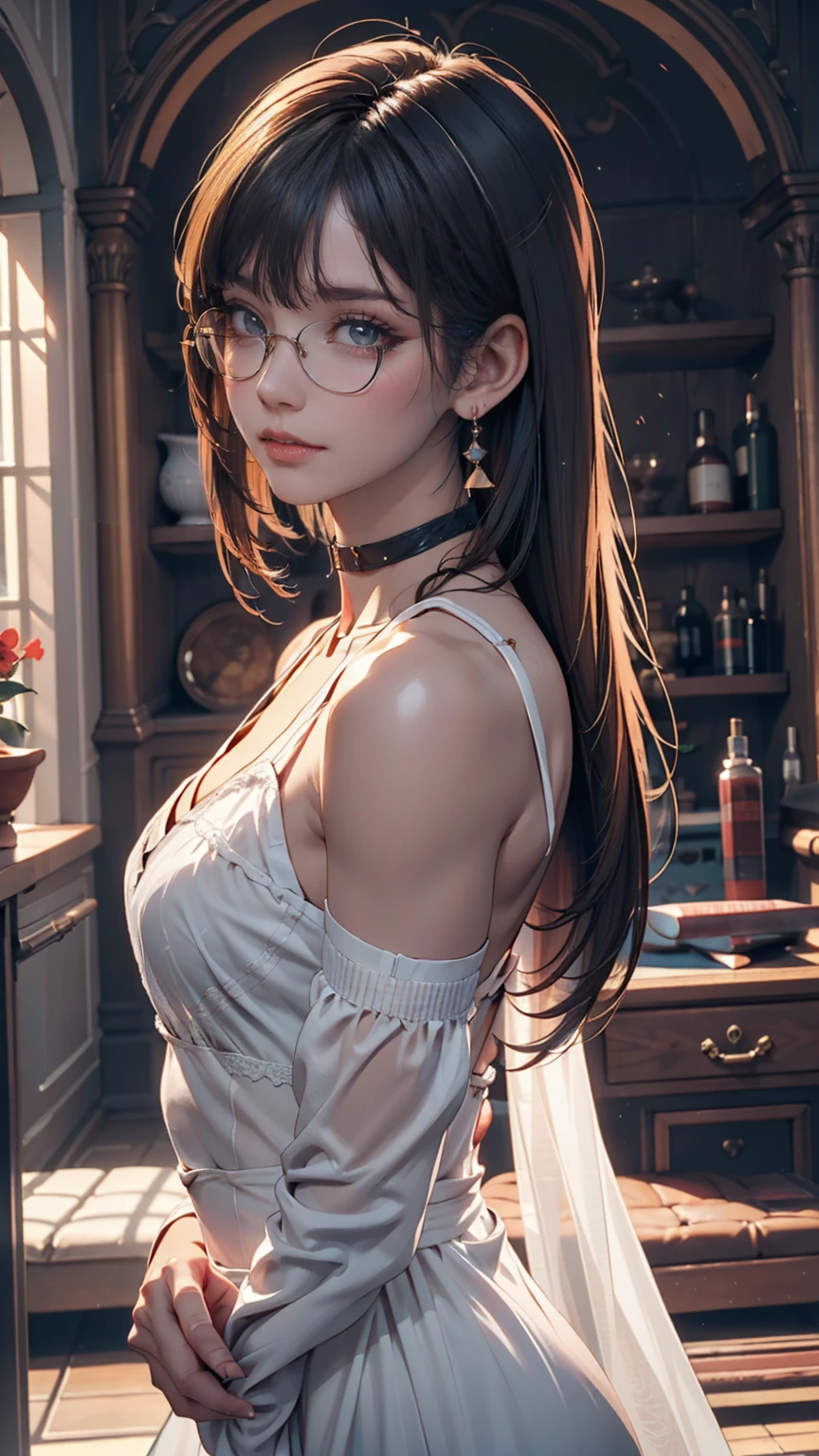8k wallpaper, masterpiece, Cinema Lighting, Highest quality, figure, Elevation, ((color: 1.1)), ((color inner hair: 1.4)), One person, alone, Long Hair, water, blue eyes, Black glasses, choker, Lips parted, white choker, Liquid Hair, Black Hair, bangs, from ~ side, ~ side, Upper Body, Simple Background, 灰colorの背景, Exposing shoulders, Portraiture, Looking at the audience, White Dress, Hair between the eyes,Luxurious background、Earrings