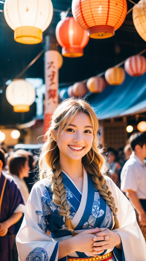 Emily, a beautiful young woman with long, blonde hair styled in natural waves, and clear blue eyes, wearing a traditional Japanese yukata with a colorful obi. She is standing in a circle of people at a Bon Odori festival, her face lit up by the warm glow of lanterns hanging above. She is smiling warmly, fully immersed in the dance, with her hands gracefully positioned as she follows the rhythm of the taiko drums.