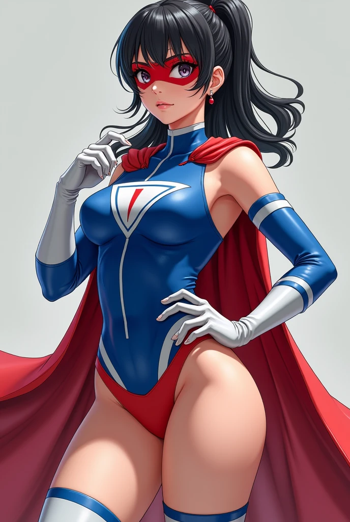 A picture of a girl, Japanese, realistic, full body, round face, pretty, wide eyes, dark hair, ponytail, athletic build, sexy, wet skin, costume: spandex, red cape, one-pieced, tight, sleeveless, blue top with white sides, up side down white triangle symbol, exposed belly, red underwear, white thigh-high socks, red boots, short blue fingerless, white shooter sleeves, red domino mask, standing with one hand on the hips
