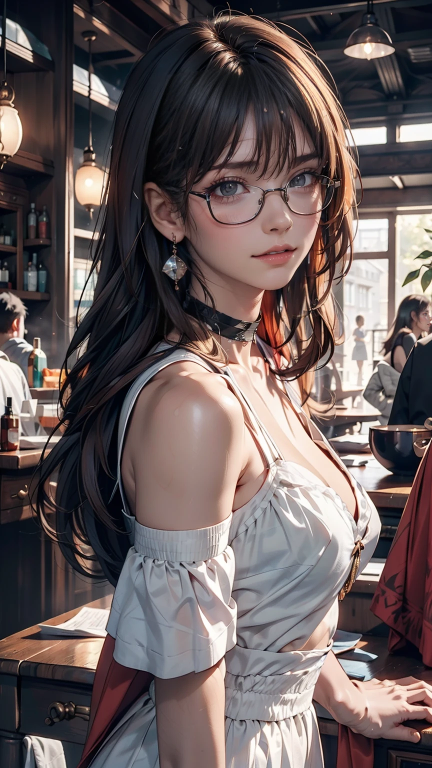 8k wallpaper, masterpiece, Cinema Lighting, Highest quality, figure, Elevation, ((color: 1.1)), ((color inner hair: 1.4)), One person, alone, Long Hair, water, blue eyes, Black glasses, choker, Lips parted, white choker, Liquid Hair, Black Hair, bangs, from ~ side, ~ side, Upper Body, Simple Background, 灰colorの背景, Exposing shoulders, Portraiture, Looking at the audience, White Dress, Hair between the eyes,Luxurious background、Earrings