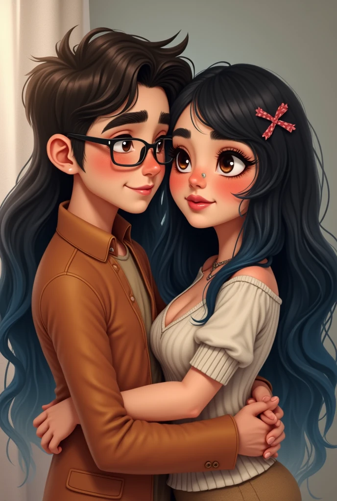 Couple of boyfriends she curvy body big cheeks, big butt, black hair with blue, big brown eyes with fair skin and dressed in black, he has straight hair styled up and small rectangular glasses and a wide nose and wears a pink sweatshirt