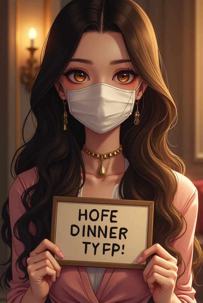 I&#39;m having a dinner  with 5 people.、long beautiful hair、white mask、arafed woman wearing a face mask、(highest quality、High resolution、masterpiece:1.3)、(The background is a luxury hotel lobby)、Precisely expresses details such as face and skin texture、Big eyes、double eyelid、thin eyebrows、In the hands「grand chat」He has a signboard with the words