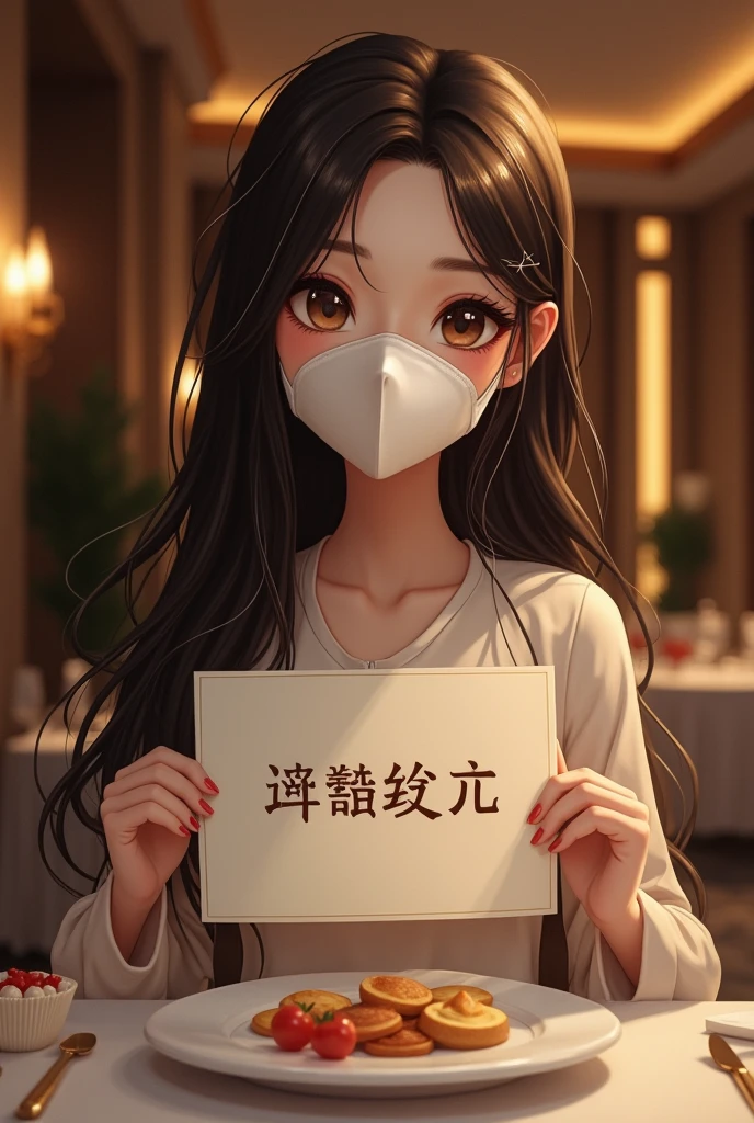 I&#39;m having a dinner party with 5 people.、long beautiful hair、white mask、arafed woman wearing a face mask、(highest quality、High resolution、masterpiece:1.3)、(The background is a luxury hotel lobby)、Precisely expresses details such as face and skin texture、Big eyes、double eyelid、In the hands「grand chat」He has a signboard with the words
