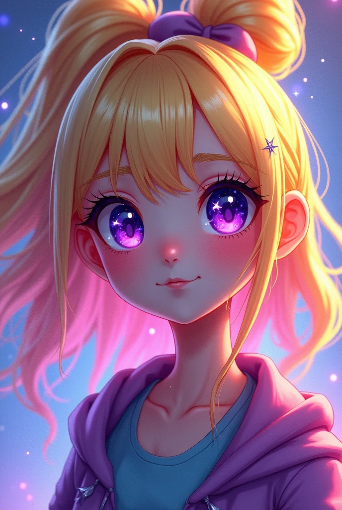 A short gamer girl with long blonde hair that has pink, purple, blue highlights and styled in a ponytail has purple eyes with stars
