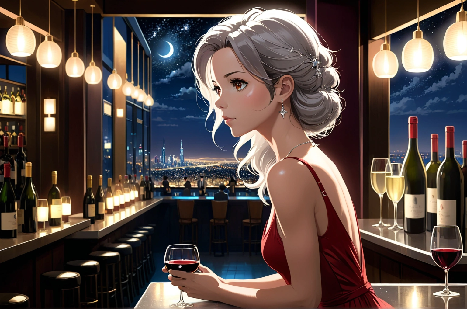 Uses Makoto Shinkai's depiction perfectly,Portrait of Kate Beckinsale,8k 4k masterpiece photos Dubai,A jazz bar with a glass ceiling,The twinkling stars can be seen through the glass windows.,It's a dark night outside,Jazz is playing,Close-up of profile,Beautiful in profile,Long Hair,Silver Hair,Look in a different direction,Standing alone at the counter,There is a wine glass in front of me.1There are、Tight fitting red tank top dress,Bust is larger