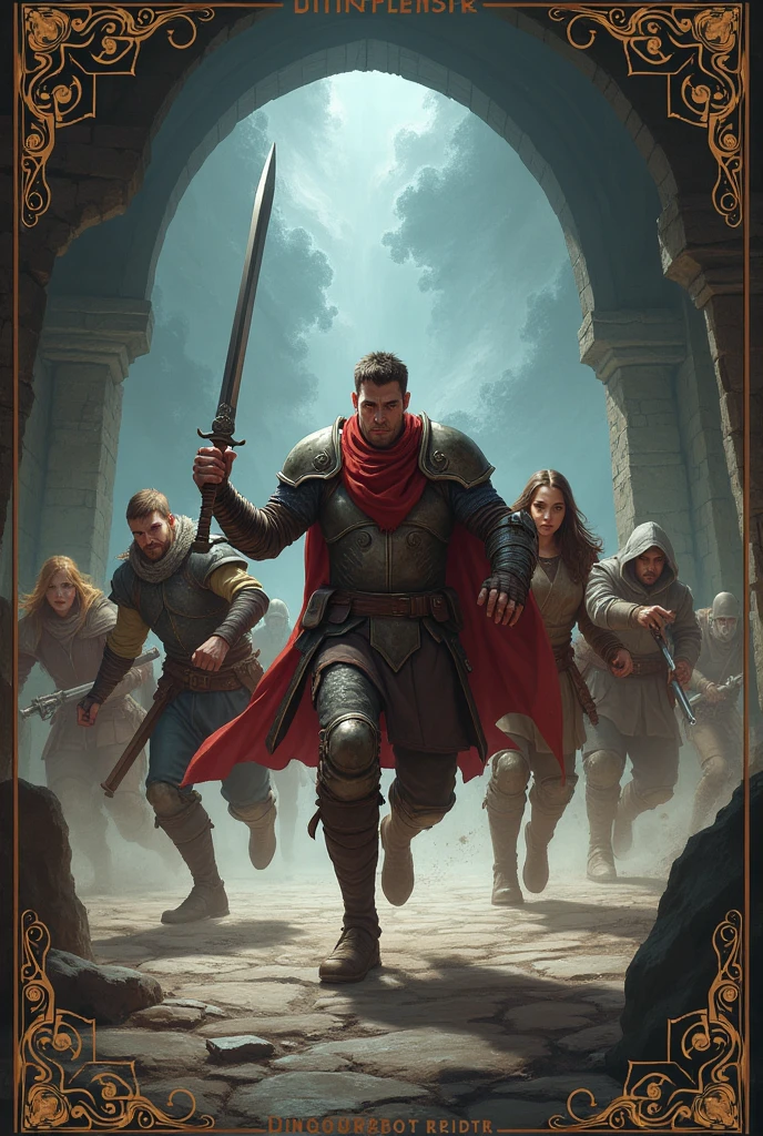 Une affiche avec 6 aventuriers s'échappant d'un donjon