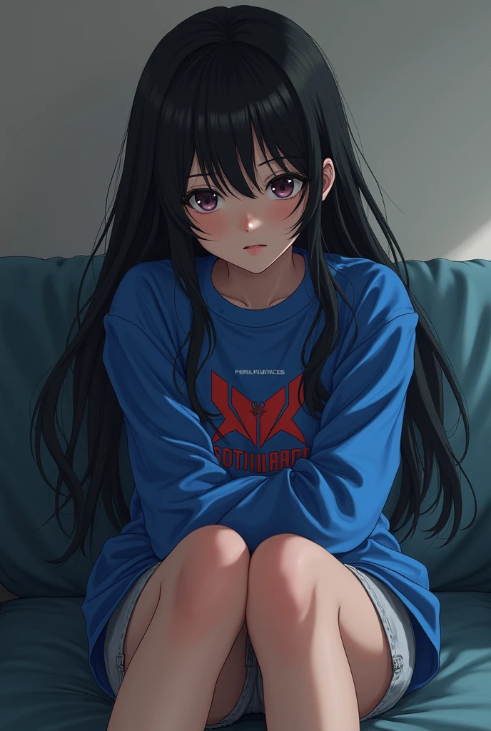 A -yeld giwith long black hair is wearing a blue shirt that says Kamen Rider Gotchard. She is wearing silver shorts and black shoes. She is sitting on a sofa and thinking about her mother.