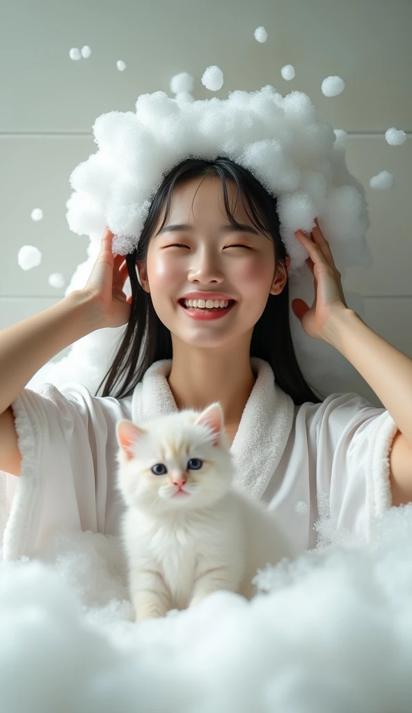 Create an Asian beauty with long hair,Regular facial features,Wearing a white satin bathrobe,Washing hair with both hands above the head,A cute white kitten next to it plays with the foam,Real bubbles,Foam envelops the beauty's entire head,Beautiful girl opens her eyes,The expression is happy,The characters are realistic and realistic,Bathroom Background,Character front position,9:16 frames,Ultra-high-definition picture quality