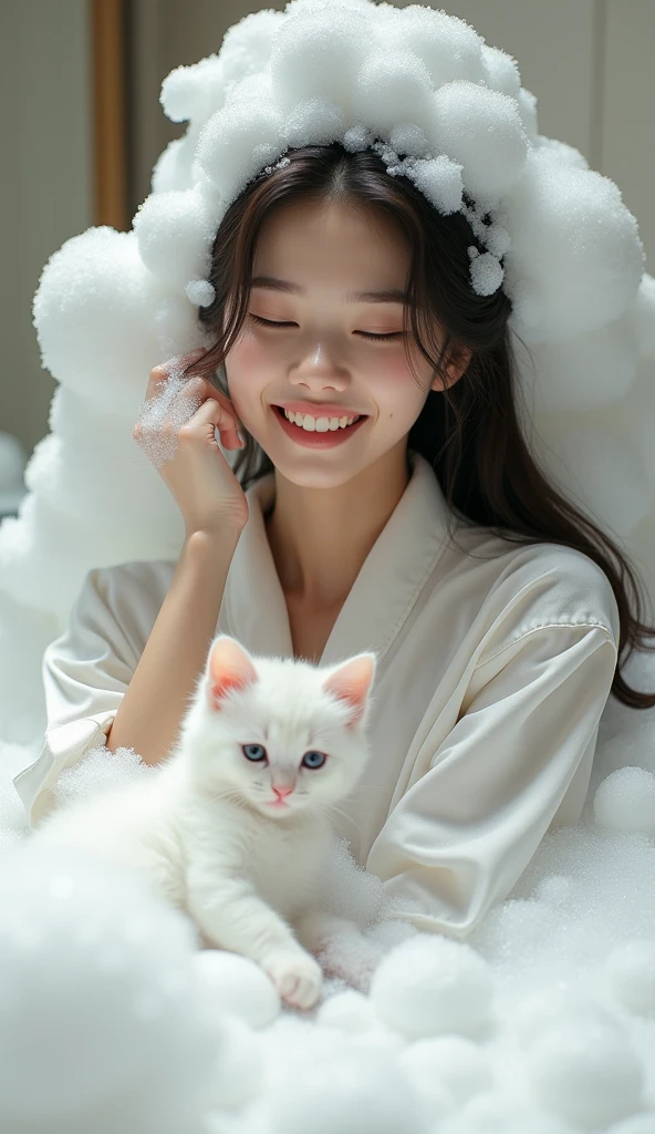 Create an Asian beauty with long hair，Regular facial features，Wearing a white satin bathrobe，Washing hair with both hands above the head，A cute white kitten next to it plays with the foam，Real bubbles，Foam envelops the beauty's entire head，Beautiful girl opens her eyes，The expression is happy，The characters are realistic and realistic，Bathroom Background，Character front position，9:16 frames，Ultra-high-definition picture quality