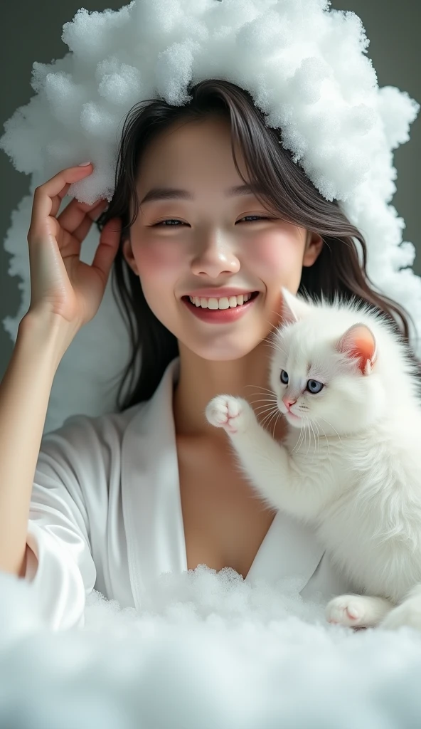 Create an Asian beauty with long hair，Regular facial features，Wearing a white satin bathrobe，Washing hair with both hands above the head，A cute white kitten next to it plays with the foam，Real bubbles，Foam envelops the beauty's entire head，Beautiful girl opens her eyes，The expression is happy，The characters are realistic and realistic，Bathroom Background，Character front position，9:16 frames，Ultra-high-definition picture quality