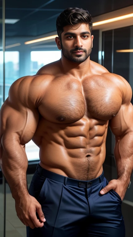 Handsome indian Arjun sinha with small beared in business suit masculine strong bodybuilder boy with huge wide muscular shoulders, wide chest, abs, masculine wide triceps, arms, biceps, big masculine legs, wide thighs, calfs, black-haired, hair falls on your face, Mesmerizing brown eyes.