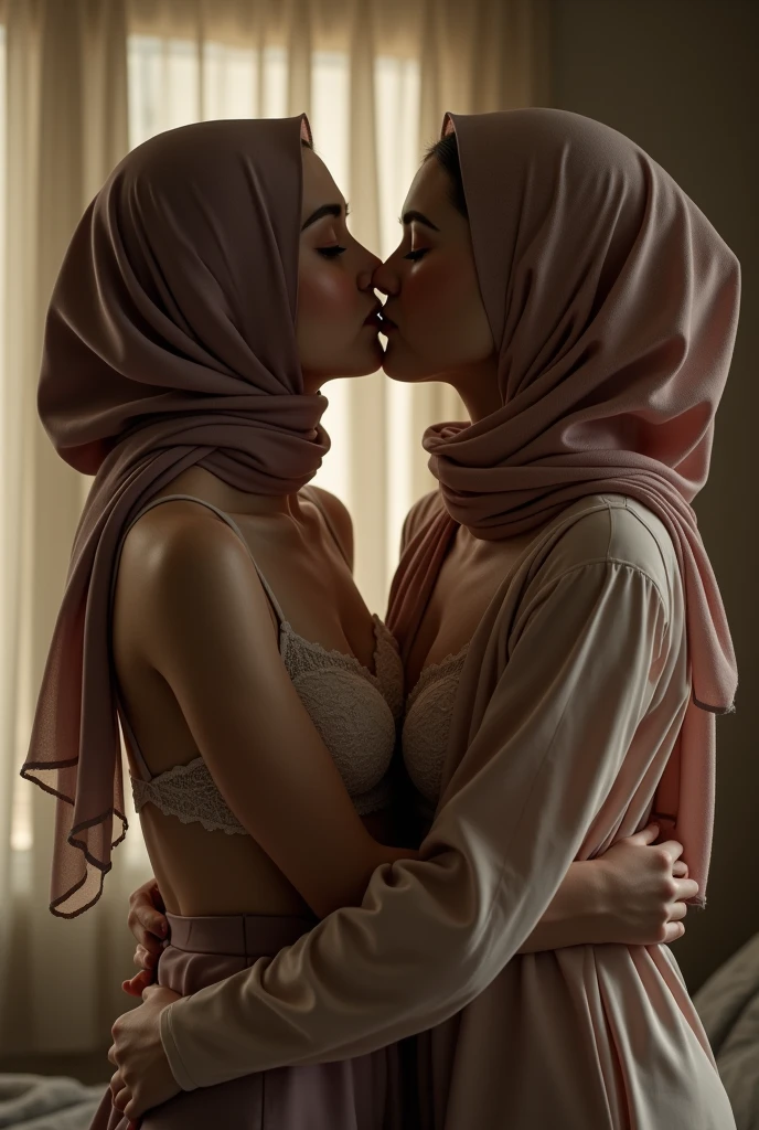 two beautiful teacher hijab indonesian lesbian girl laying down,bra and panties,hugging,french kiss,lesbian sex,view dari jauh 