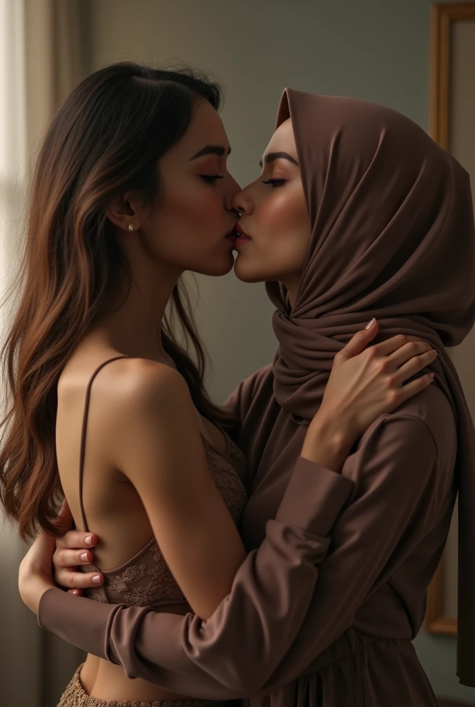 two hijab lesbian girl,lace bra,hugging from behind,kissing,realistic,hd details,