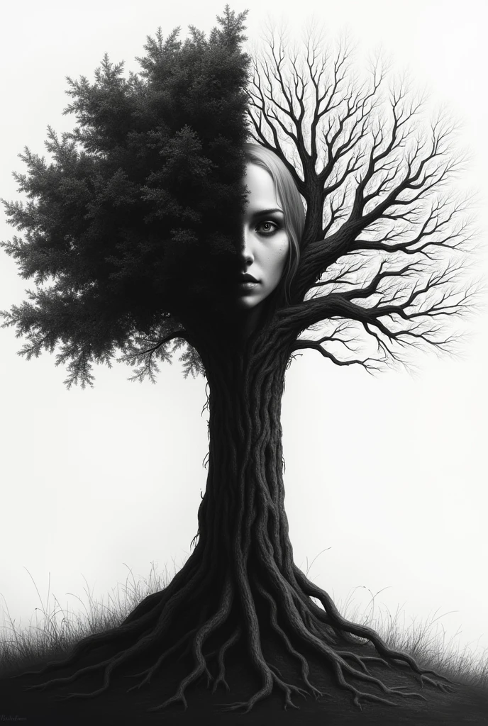 A tree of life in black and white, whose left half is white, death and without leaves ; and the right half is black, living with leaves. Hidden behind the trunk is a face that is only half visible 