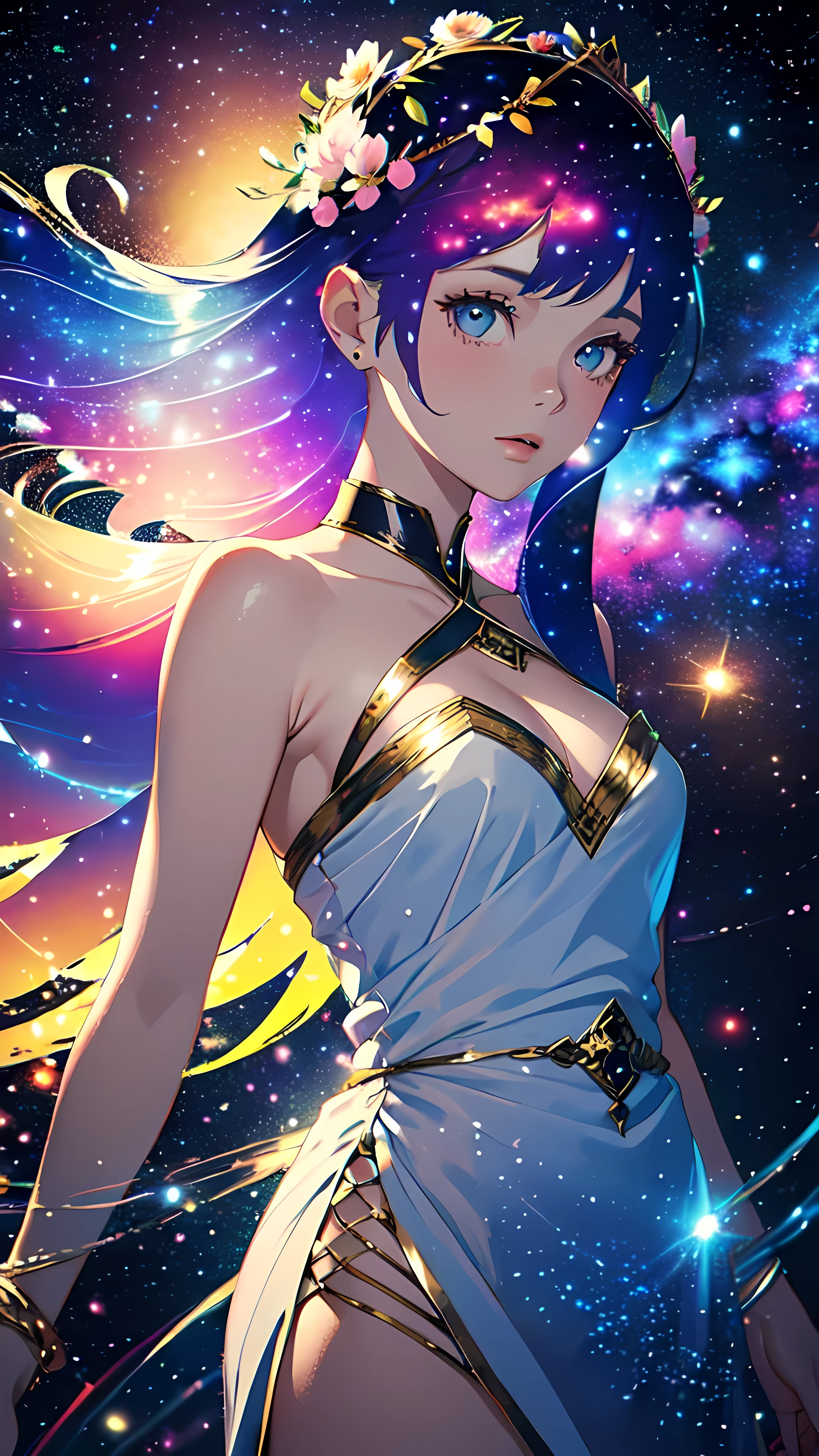 high quality, best quality, masterpiece, detailed portrait of female 1girl, long hair, (floating, space, galaxy, colorful), warm lighting, goddess, galaxy, scenery, multicolored flower crown in hair, {{{best quality}}}, {{ultra-detailed}}, {illustration}, cinematic angle, {detailed light},cinematic lighting, ancient greek dress, celestial,