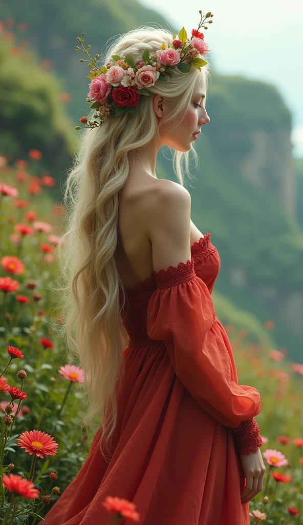 The image depicts a person with long, blonde hair styled in an intricate braid. The hair is adorned with small flowers and a floral crown, adding to the ethereal and fairy-tale-like appearance. The person is wearing a delicate, red lace-trimmed dress with long sleeves and is standing with their back to the viewer. Colourful flowers background, green cliffs, surrounded by blooming pink and purple flowers, creating a serene and magical atmosphere. The overall scene gives a sense of fantasy and natural beauty.