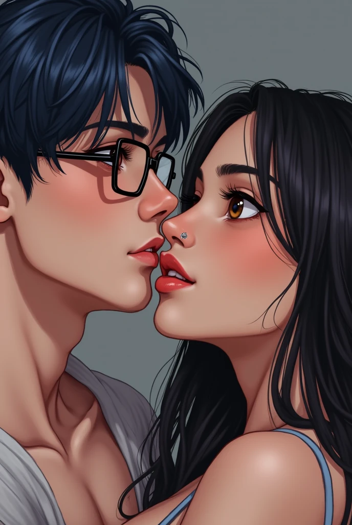 Couple of boyfriends she curvy body big cheeks black hair with blue, big brown eyes light skin with piercing in the nose and tongue and with light skin, straight hair styled up and small rectangular glasses