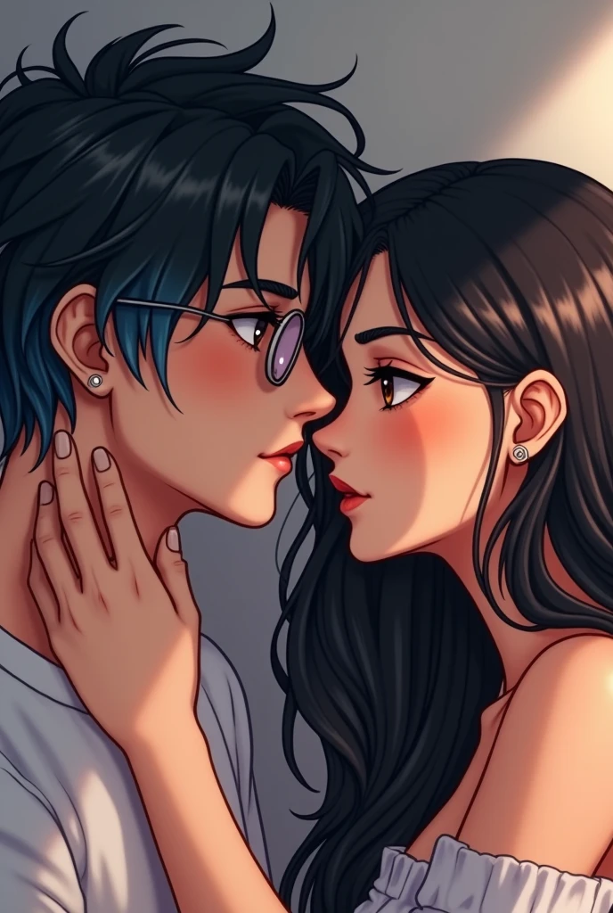 Couple of boyfriends she curvy body big cheeks black hair with blue, big brown eyes light skin with piercing in the nose and tongue and with light skin, straight hair styled up and small rectangular glasses