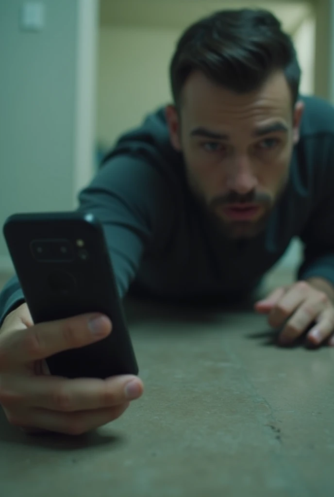 A man crawling face down on the floor with one arm holding his cell phone up filming himself