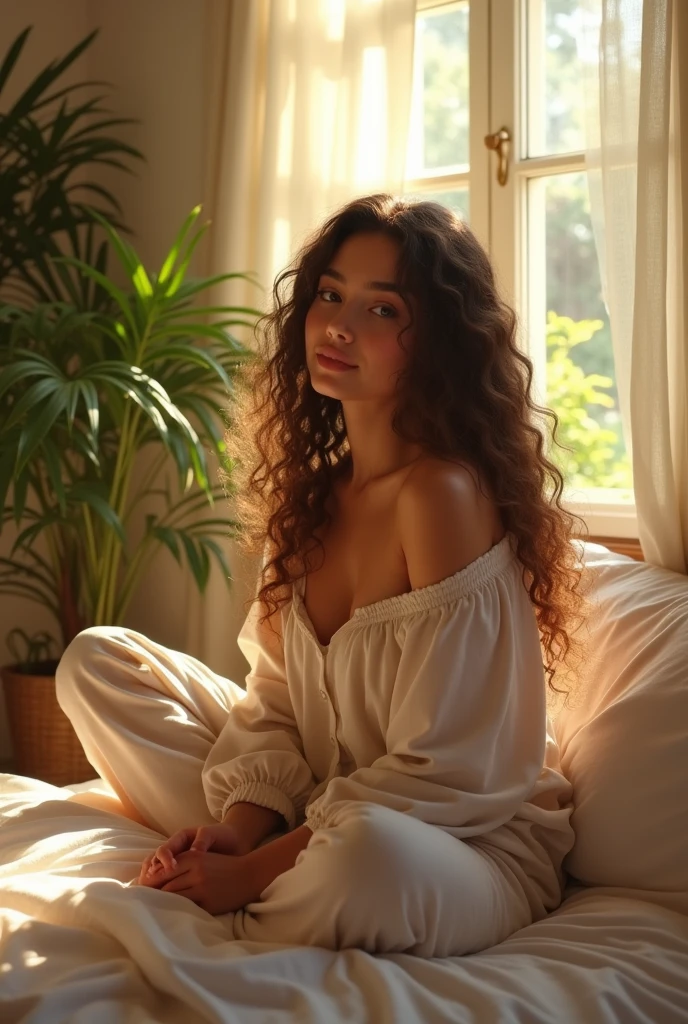 (photorealism:1.2), beautiful woman, sitting on bed, wearing loose off-shoulder top, pajama pants, long curly hair, indoors, soft lighting, plants in background, window with sunlight, cozy room, relaxed pose, realistic, intricate details, warm colors, by Greg Rutkowski, by Alphonse Mucha