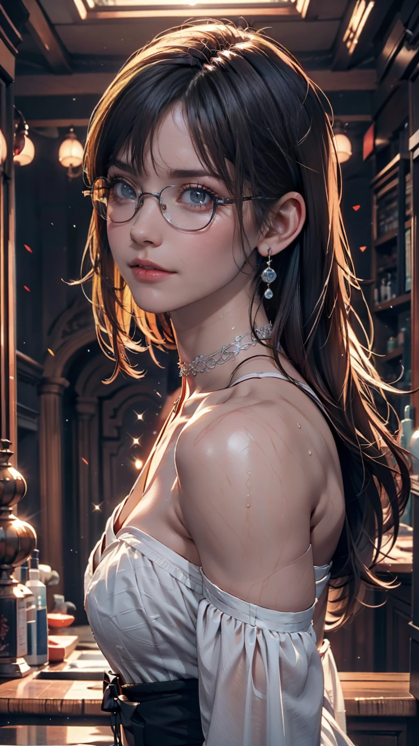 8k wallpaper, masterpiece, Cinema Lighting, Highest quality, figure, Elevation, ((color: 1.1)), ((color inner hair: 1.4)), One person, alone, Long Hair, water, blue eyes, Black glasses, choker, Lips parted, white choker, Liquid Hair, Black Hair, bangs, from ~ side, ~ side, Upper Body, Simple Background, 灰colorの背景, Exposing shoulders, Portraiture, Looking at the audience, White Dress, Hair between the eyes,Luxurious background、Earrings