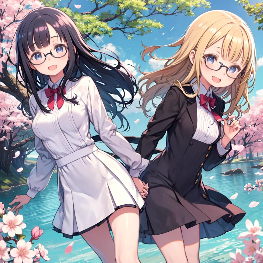 Two Girls、high school student、In uniform、A girl with blonde hair, blue eyes, wavy hair, and large breasts、A girl with long black hair, glasses, and flat chest、Running hand in hand、Spring scenery、Cherry Blossom、Fluttering in the wind、smile、Angle from below、smile、Open your mouth a little、