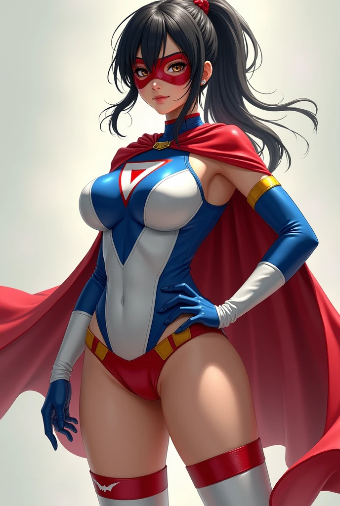 Female, Japanese, realistic, full body, round face, pretty, wide eyes, dark hair, ponytail, athletic build, sexy, wet skin, costume: spandex, red cape, one-pieced, tight, sleeveless, blue top with white sides, up side down white triangle symbol, open belly, red underwear, white thigh-high socks, red boots, short blue fingerless, white shooter sleeves, red domino mask, standing with one hand on the hips