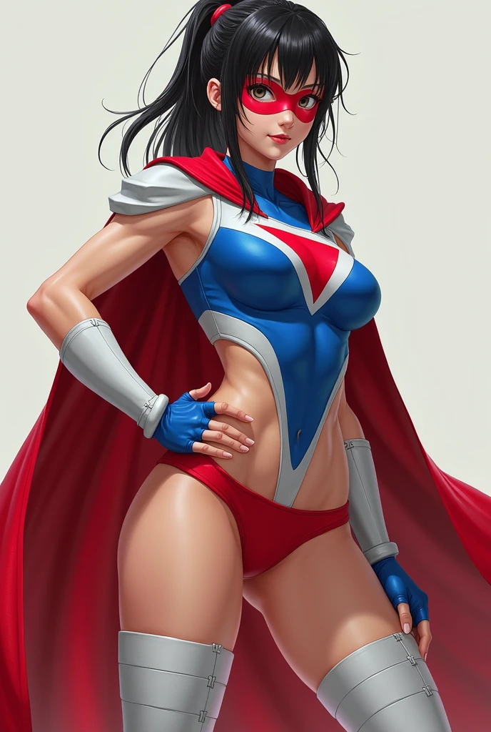 Female, Japanese, realistic, full body, round face, pretty, wide eyes, dark hair, ponytail, athletic build, sexy, wet skin, costume: spandex, red cape, one-pieced, tight, sleeveless, blue top with white sides, up side down white triangle symbol, open belly, red underwear, white thigh-high socks, red boots, short blue fingerless, white shooter sleeves, red domino mask, standing with one hand on the hips