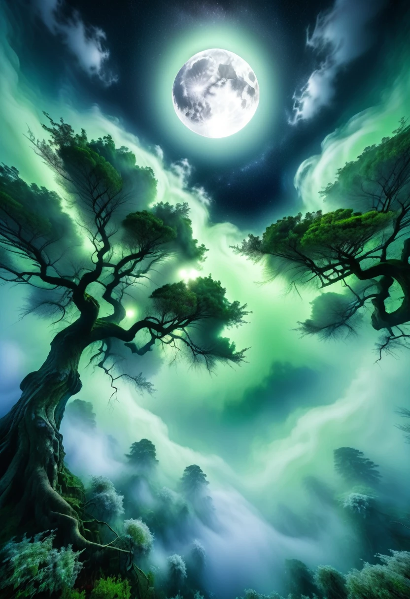 (Only the tops of the trees and the full moon are visible.) 在月光下大暴风雪的森林 close up 雪覆蓋森林 很大的扭曲 樹木形狀奇特樹枝多 ( Look from the bottom up) close up (Only the tops of the trees and the full moon are visible.) Heavy snow, moonlight filtering through the gaps in the trees. High dynamic range, Ultra high quality, Tyndall effect. Blue-green mist layers, abundant and luminous moon. Eerie atmosphere. Dense fog pervades the surroundings. The misty environment conveys a sense of mystery and suspense. Breathtaking. Tyndall effect. Ethereal glow. Detailed depiction. Surreal. Dreamlike world. Sharp focus., Limit depth for writing, Best shadow, Perfect light, High Dynamic Range, Realistic textures, Ultra-detailed background wide-angle shots