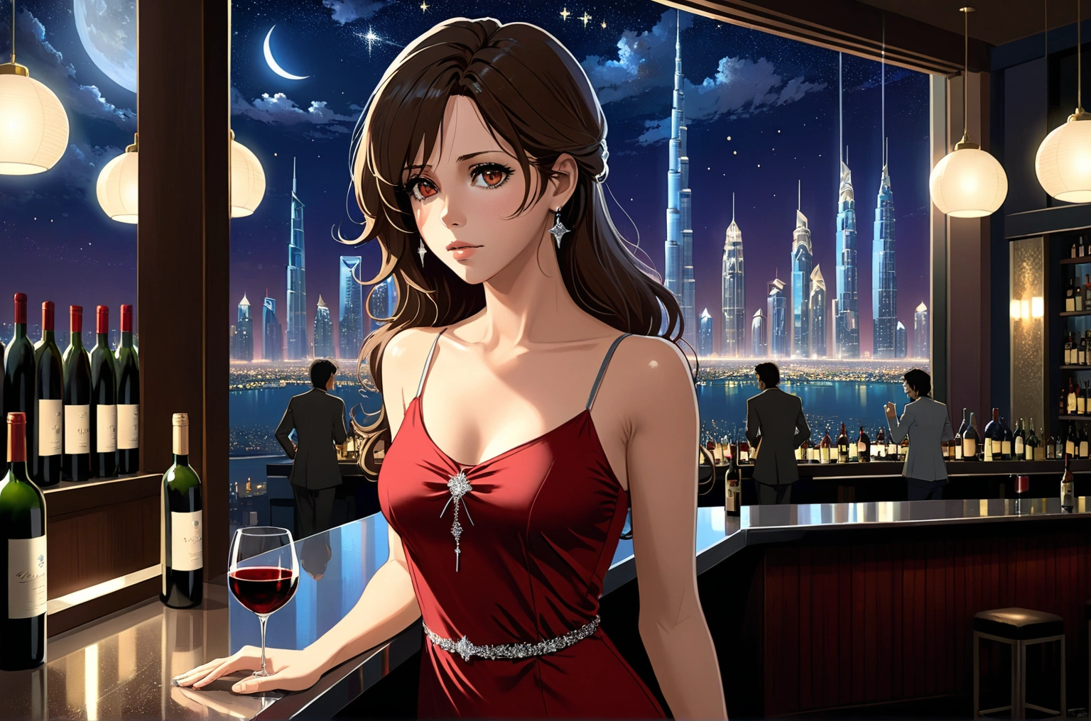 Uses Makoto Shinkai&#39;s depiction perfectly,Portrait of Kate Beckinsale,8k 4k masterpiece photos Dubai,A jazz bar with a glass ceiling,The twinkling stars can be seen through the glass windows.,It&#39;s a dark night outside,Jazz is playing,Beautiful in profile,Long Hair,Silver Hair,Look in a different direction,Standing alone at the counter,There is a wine glass in front of me.１There are、Tight fitting red tank top dress,Bust is larger