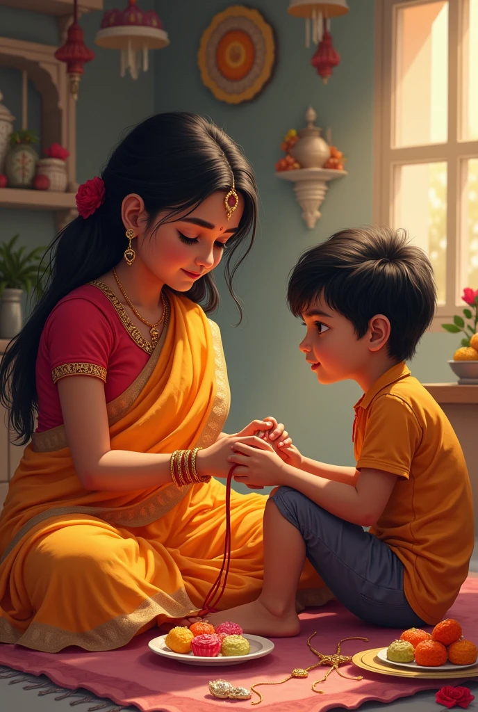 A sister is tying a rakhi on the one hand of her brother boy , with Happy family ,on rakasyabandan
