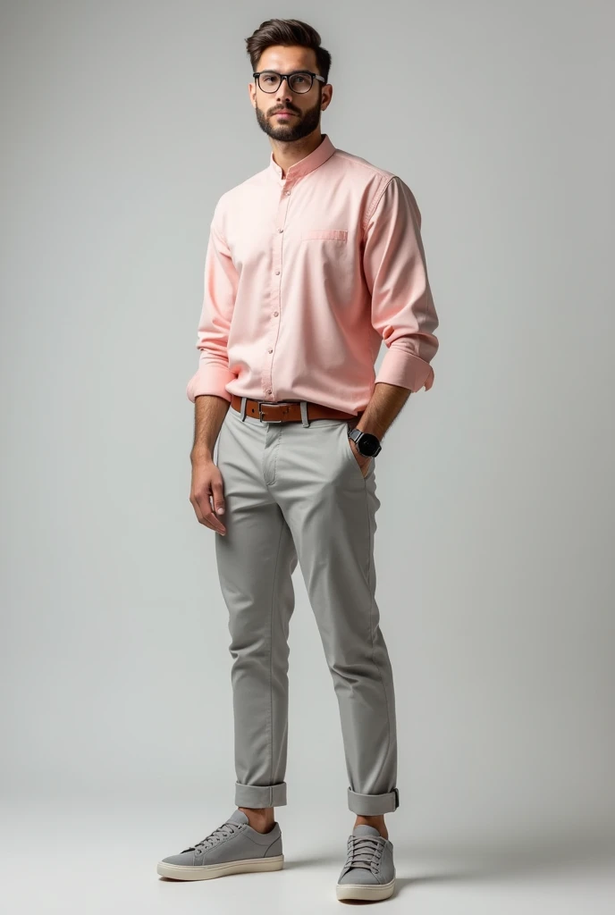 Smart athletic body,  man with light  smart small Beard with smart look wearing light baby pink chinese standing collar shirt tucked in with  belt, sleeves folded with light gray pants with ash gray sneaker shoes. With smart short hair. Watch in left hand with brown strap. Realistic image with glasses. Full body image with cashual shoes.