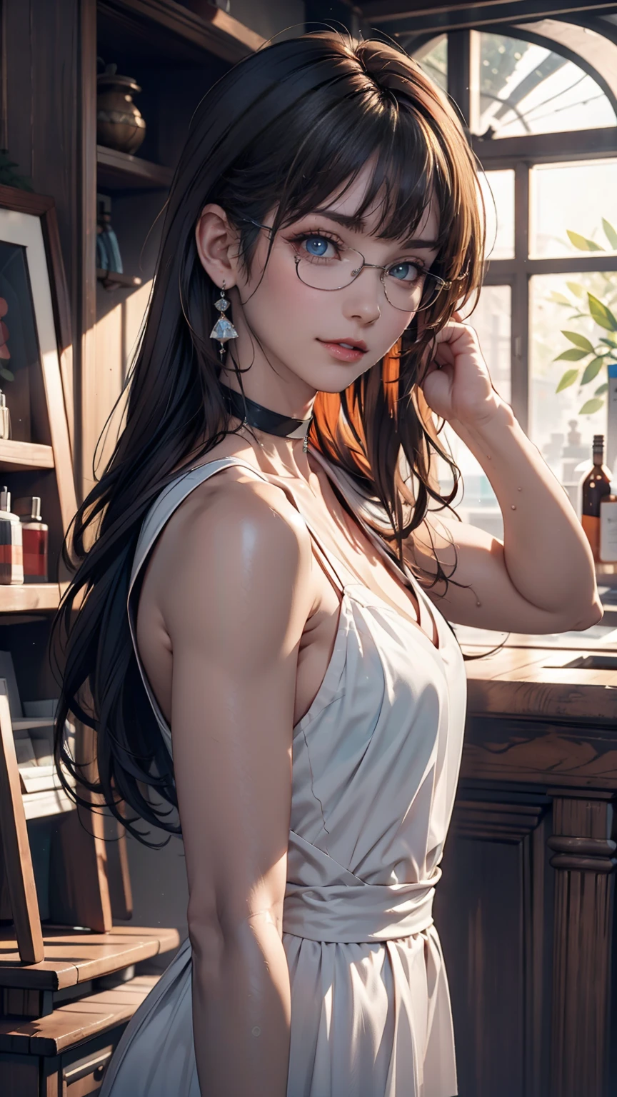 8k wallpaper, masterpiece, Cinema Lighting, Highest quality, figure, Elevation, ((color: 1.1)), ((color inner hair: 1.4)), One person, alone, Long Hair, water, blue eyes, Black glasses, choker, Lips parted, white choker, Liquid Hair, Black Hair, bangs, from ~ side, ~ side, Upper Body, Simple Background, 灰colorの背景, Exposing shoulders, Portraiture, Looking at the audience, White Dress, Hair between the eyes,Luxurious background、Earrings